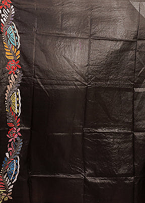 Black Handloom Kantha Stitch Pure Silk Saree With Blouse Piece