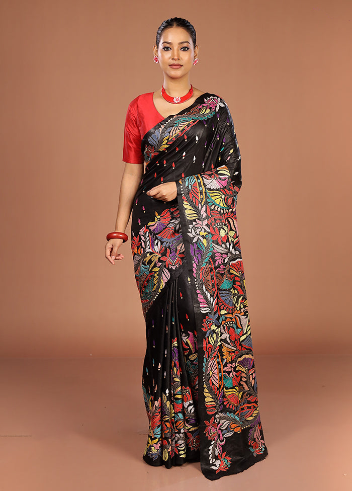 Black Handloom Kantha Stitch Pure Silk Saree With Blouse Piece