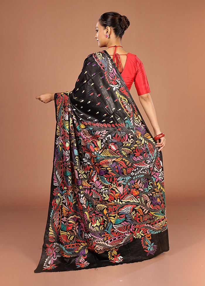 Black Handloom Kantha Stitch Pure Silk Saree With Blouse Piece
