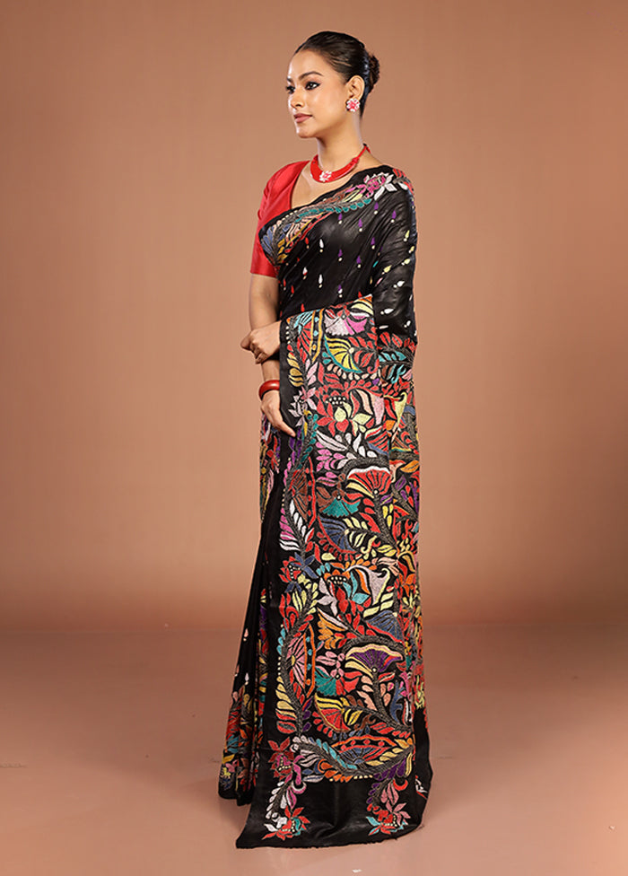 Black Handloom Kantha Stitch Pure Silk Saree With Blouse Piece