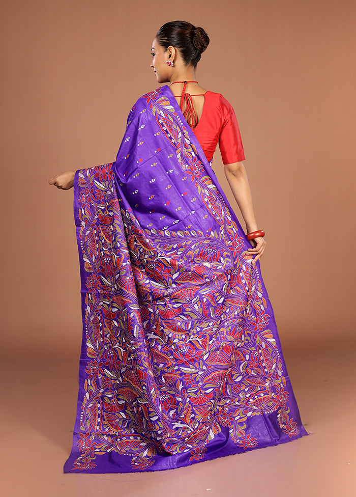 Blue Handloom Kantha Stitch Pure Silk Saree With Blouse Piece