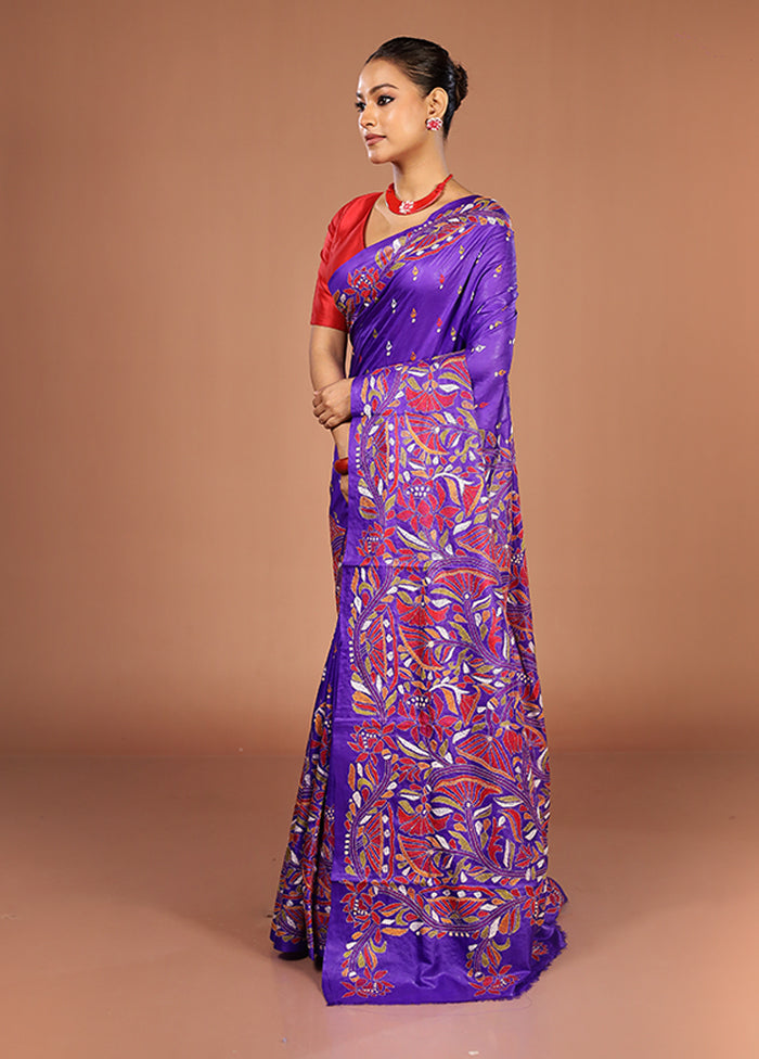 Blue Handloom Kantha Stitch Pure Silk Saree With Blouse Piece