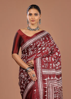 Maroon Handloom Kantha Stitch Pure Silk Saree With Blouse Piece