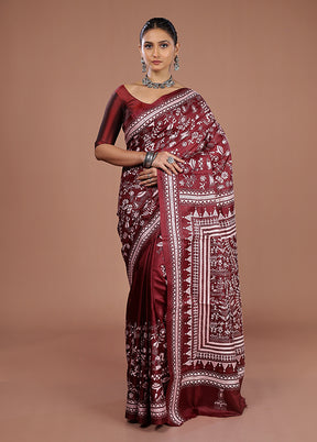 Maroon Handloom Kantha Stitch Pure Silk Saree With Blouse Piece