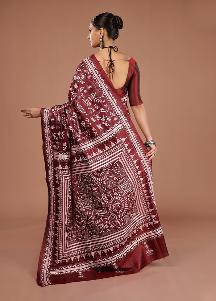 Maroon Handloom Kantha Stitch Pure Silk Saree With Blouse Piece