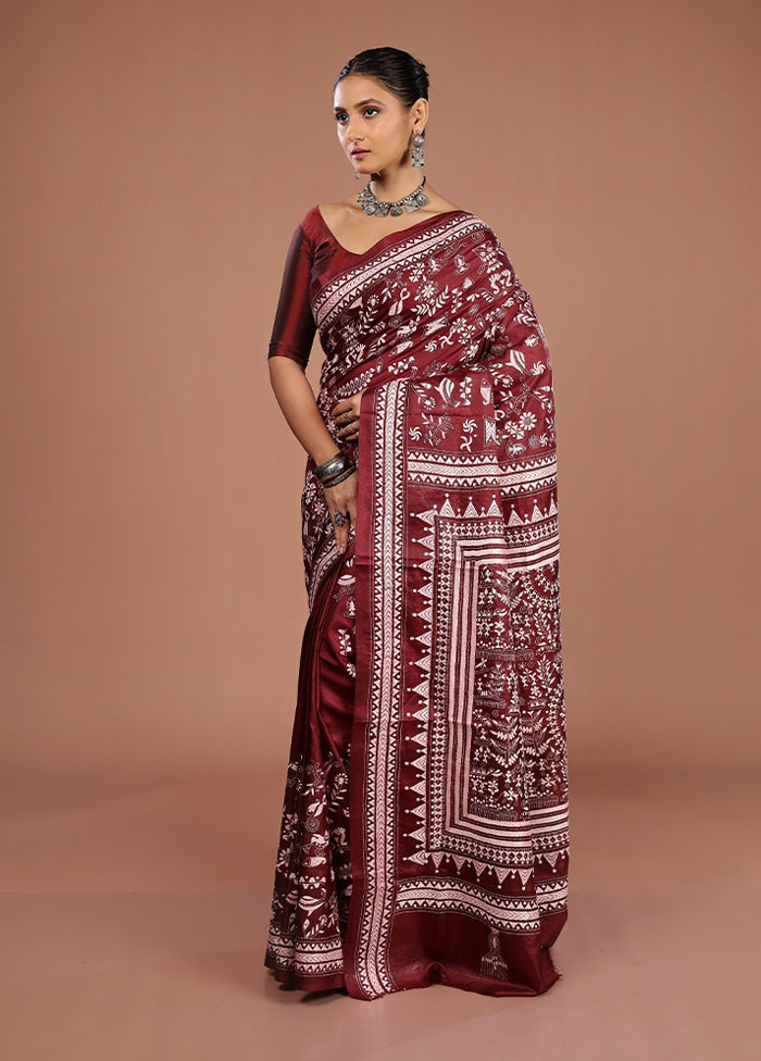 Maroon Handloom Kantha Stitch Pure Silk Saree With Blouse Piece