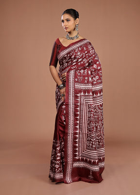 Maroon Handloom Kantha Stitch Pure Silk Saree With Blouse Piece