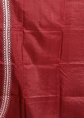 Maroon Handloom Kantha Stitch Pure Silk Saree With Blouse Piece
