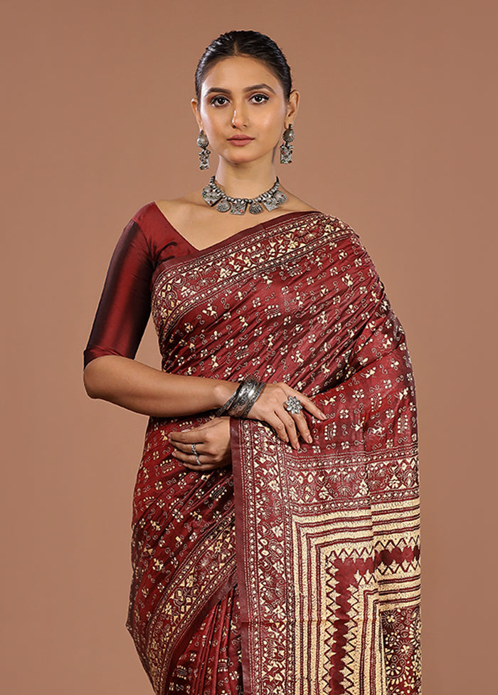 Maroon Handloom Kantha Stitch Pure Silk Saree With Blouse Piece