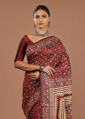 Maroon Handloom Kantha Stitch Pure Silk Saree With Blouse Piece