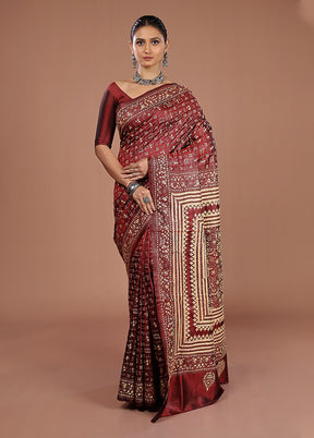 Maroon Handloom Kantha Stitch Pure Silk Saree With Blouse Piece