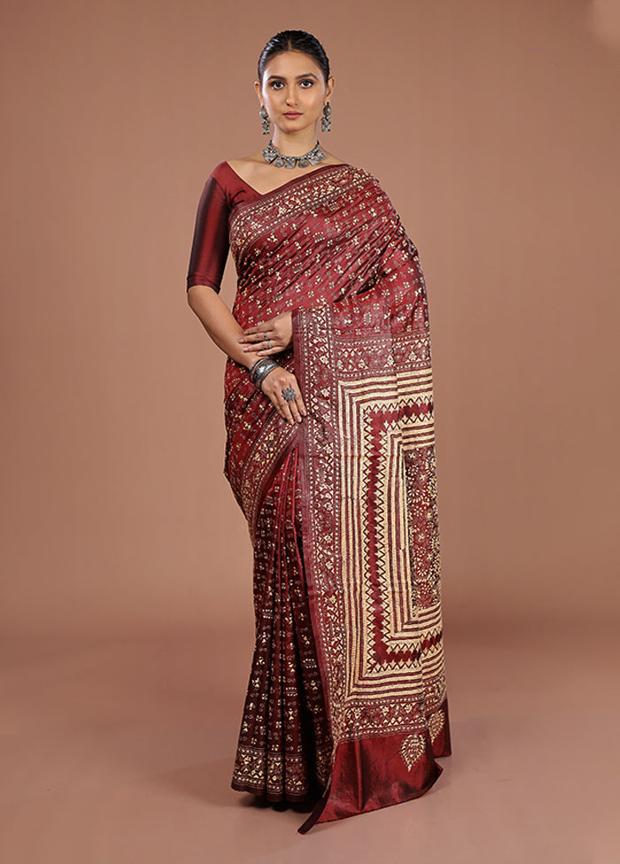 Maroon Handloom Kantha Stitch Pure Silk Saree With Blouse Piece