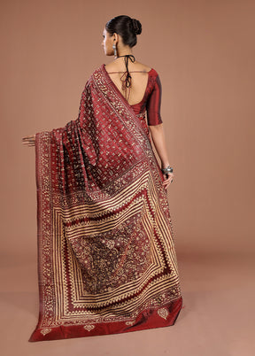 Maroon Handloom Kantha Stitch Pure Silk Saree With Blouse Piece