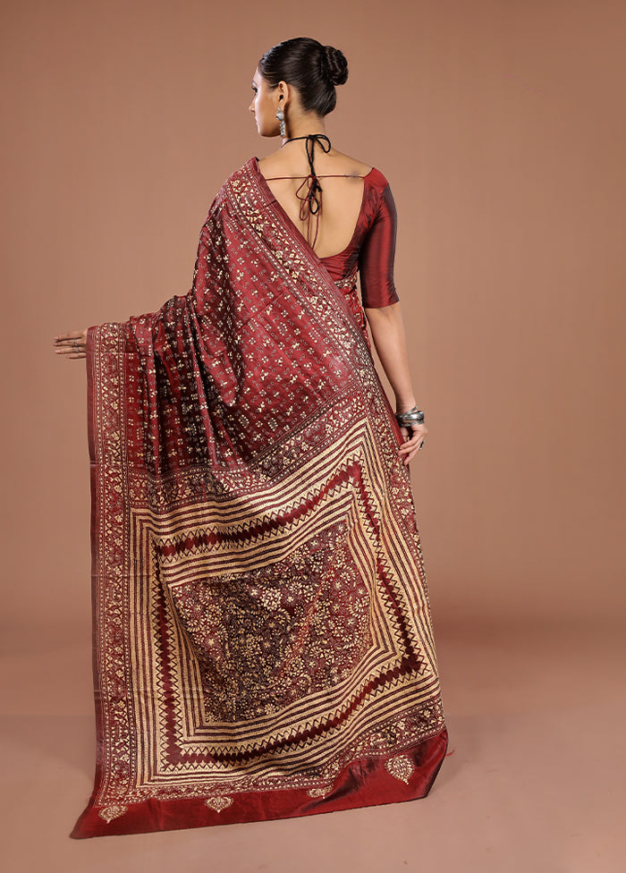 Maroon Handloom Kantha Stitch Pure Silk Saree With Blouse Piece