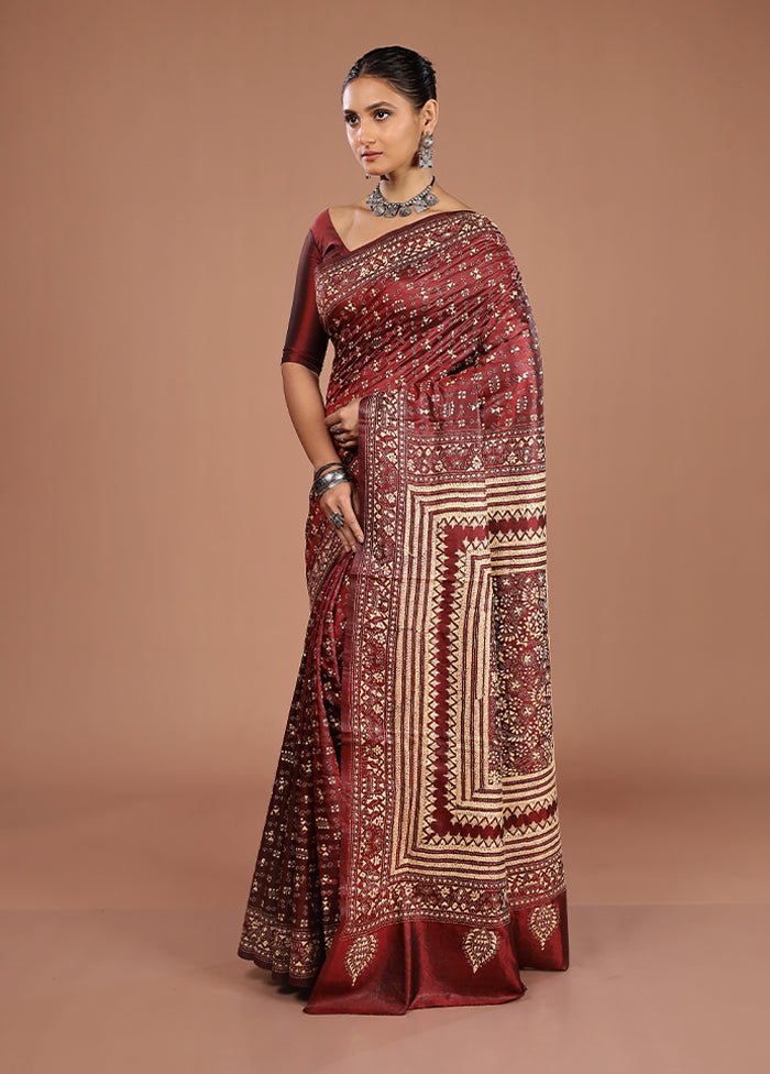 Maroon Handloom Kantha Stitch Pure Silk Saree With Blouse Piece