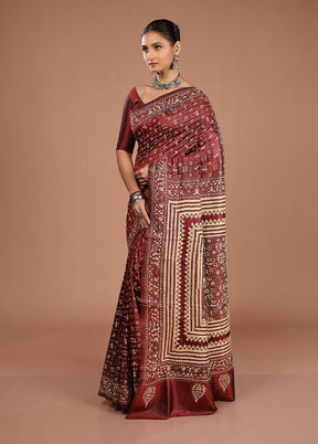 Maroon Handloom Kantha Stitch Pure Silk Saree With Blouse Piece