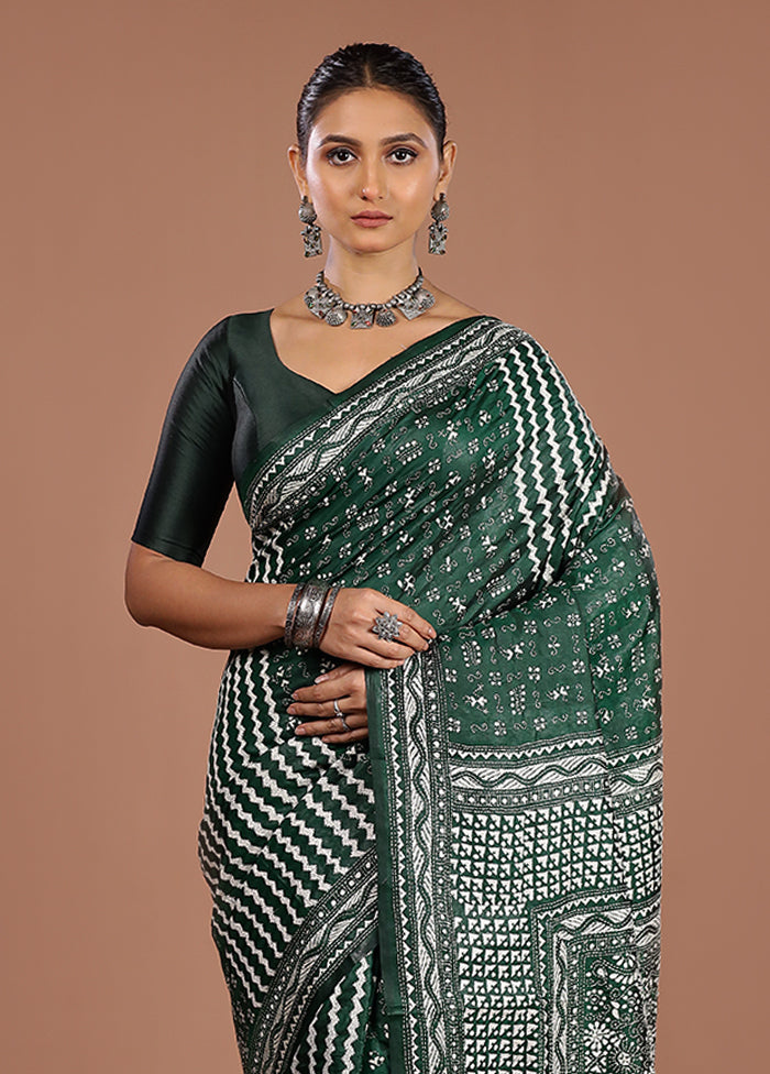 Green Handloom Kantha Stitch Pure Silk Saree With Blouse Piece