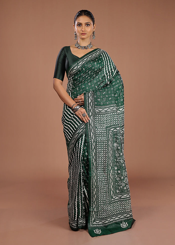Green Handloom Kantha Stitch Pure Silk Saree With Blouse Piece