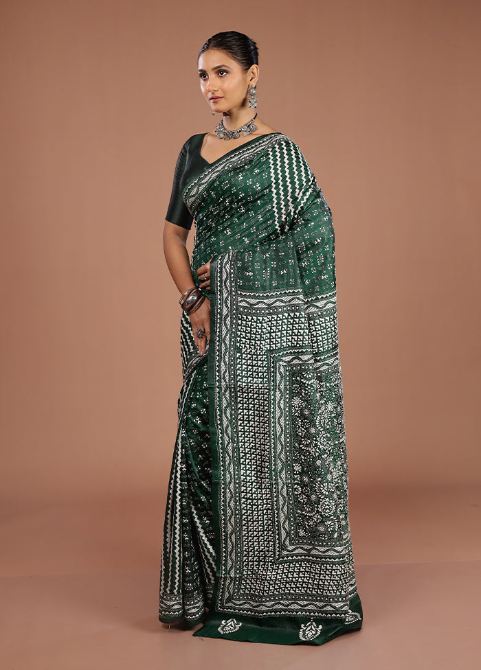 Green Handloom Kantha Stitch Pure Silk Saree With Blouse Piece