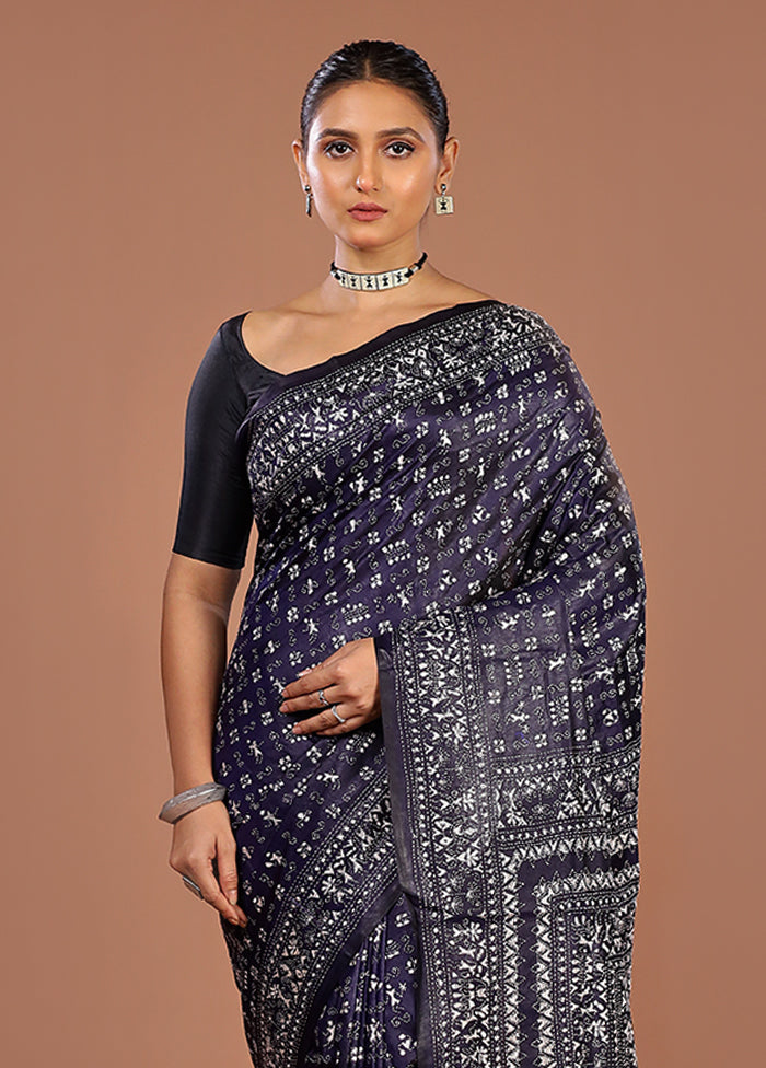 Blue Handloom Kantha Stitch Pure Silk Saree With Blouse Piece