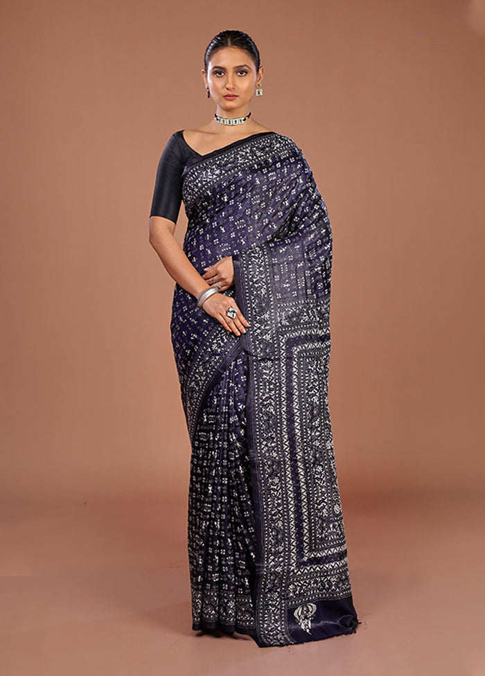 Blue Handloom Kantha Stitch Pure Silk Saree With Blouse Piece