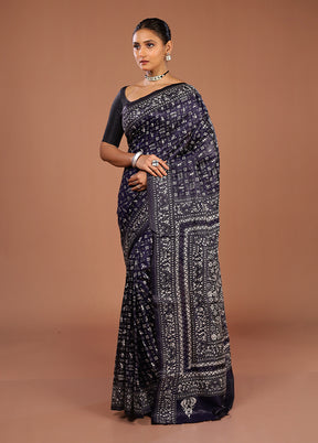Blue Handloom Kantha Stitch Pure Silk Saree With Blouse Piece
