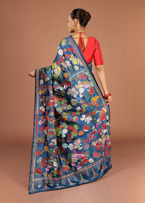 Blue Handloom Kantha Stitch Pure Silk Saree With Blouse Piece