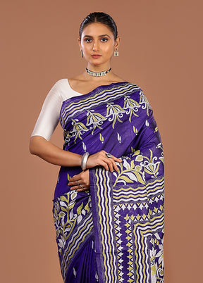 Purple Handloom Kantha Stitch Pure Silk Saree With Blouse Piece