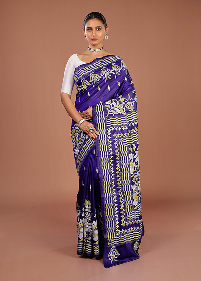 Purple Handloom Kantha Stitch Pure Silk Saree With Blouse Piece