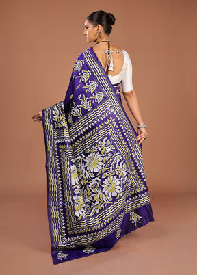 Purple Handloom Kantha Stitch Pure Silk Saree With Blouse Piece