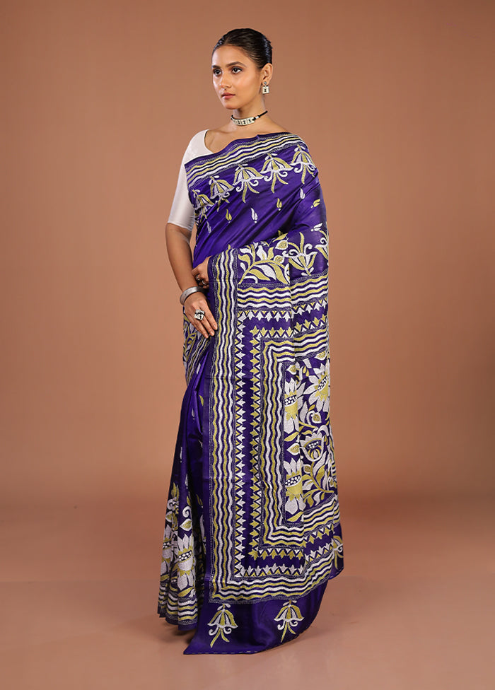 Purple Handloom Kantha Stitch Pure Silk Saree With Blouse Piece