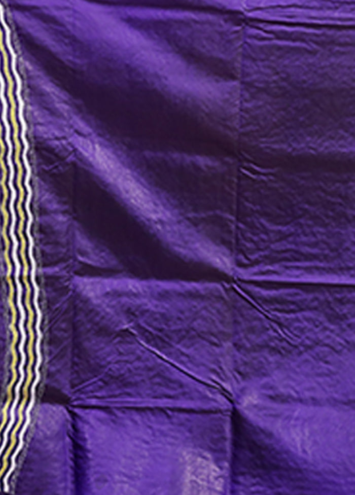 Purple Handloom Kantha Stitch Pure Silk Saree With Blouse Piece