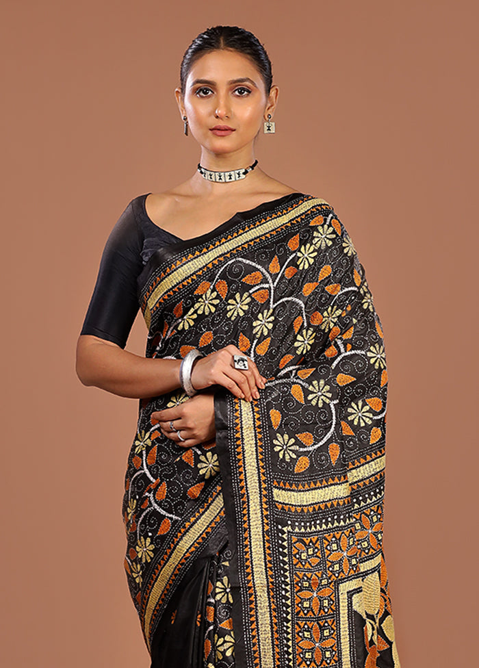 Black Handloom Kantha Stitch Pure Silk Saree With Blouse Piece