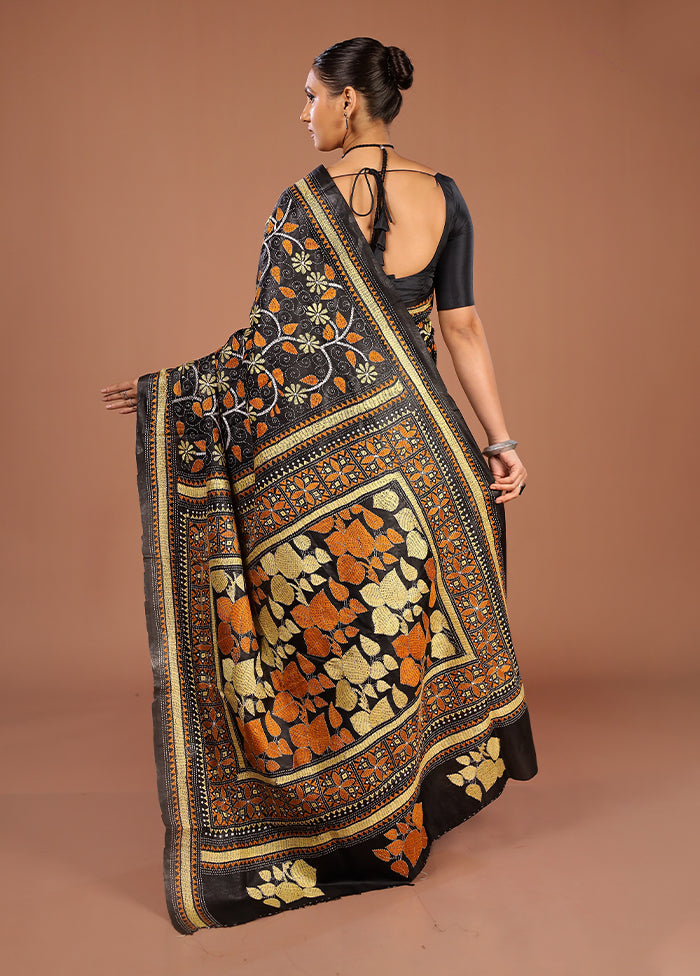 Black Handloom Kantha Stitch Pure Silk Saree With Blouse Piece
