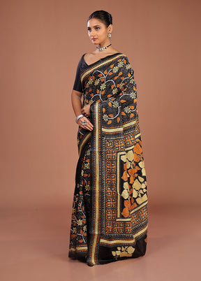 Black Handloom Kantha Stitch Pure Silk Saree With Blouse Piece