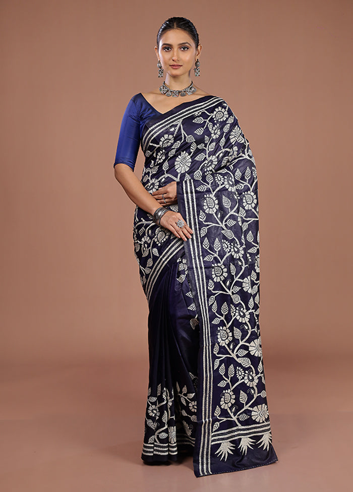 Blue Handloom Kantha Stitch Pure Silk Saree With Blouse Piece