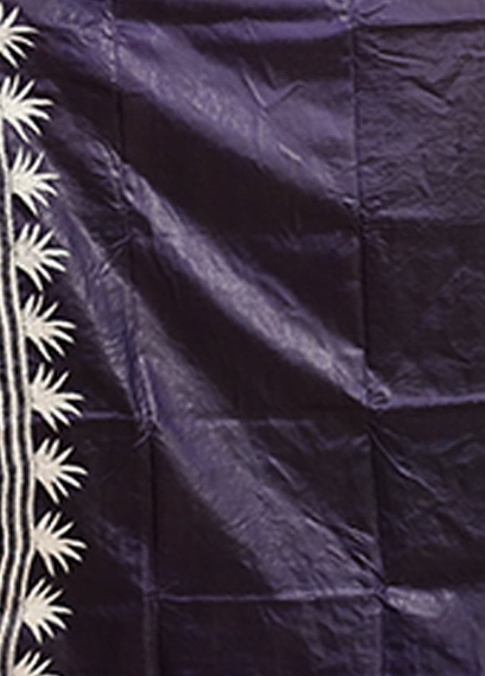 Blue Handloom Kantha Stitch Pure Silk Saree With Blouse Piece