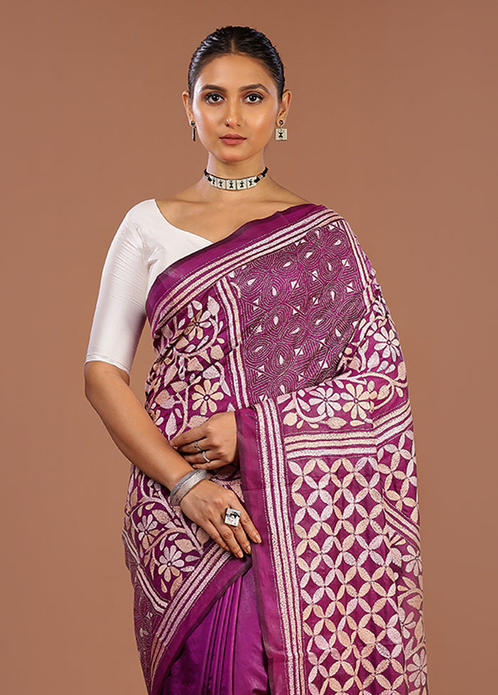 Purple Handloom Kantha Stitch Pure Silk Saree With Blouse Piece