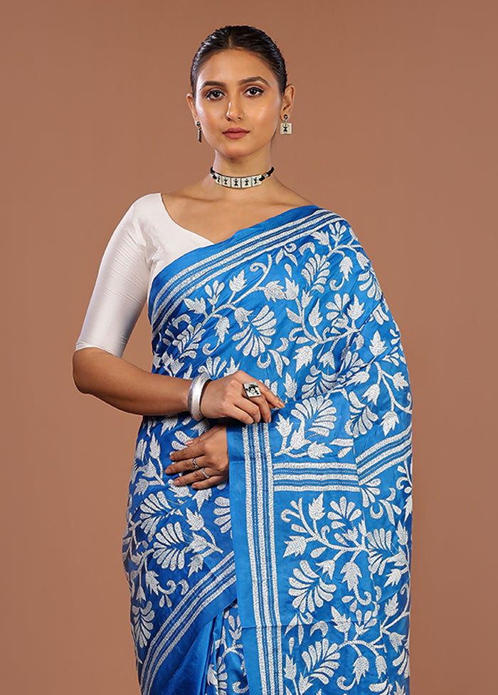 Blue Handloom Kantha Stitch Pure Silk Saree With Blouse Piece