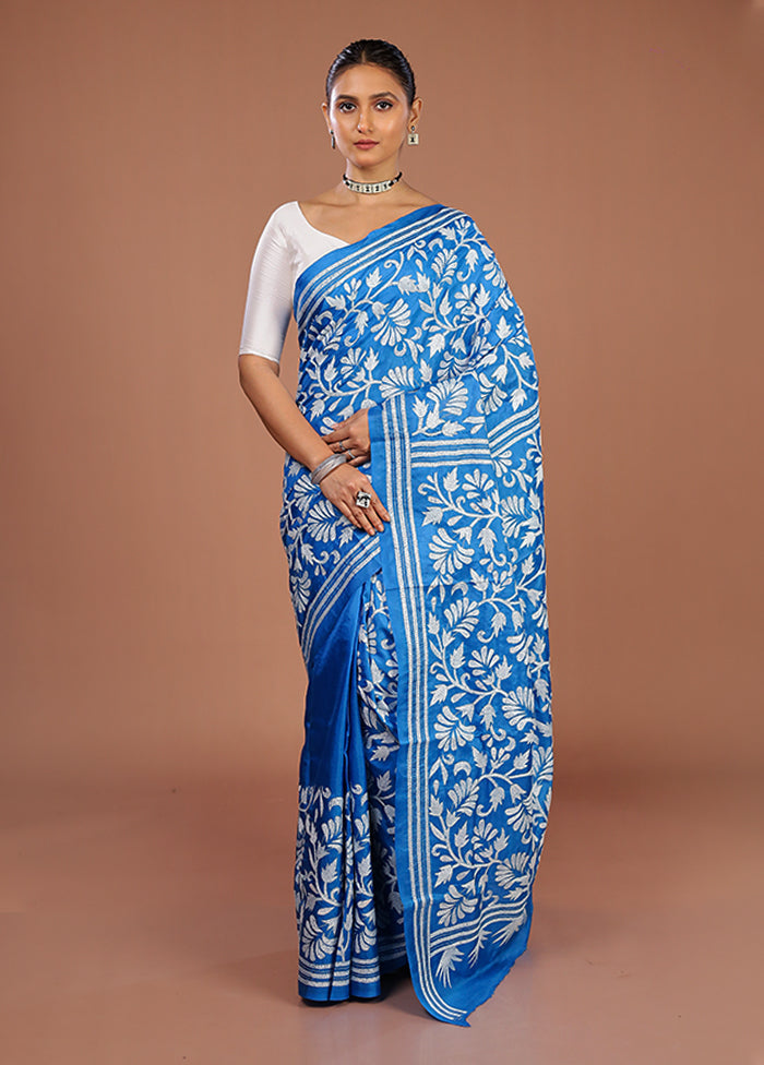 Blue Handloom Kantha Stitch Pure Silk Saree With Blouse Piece