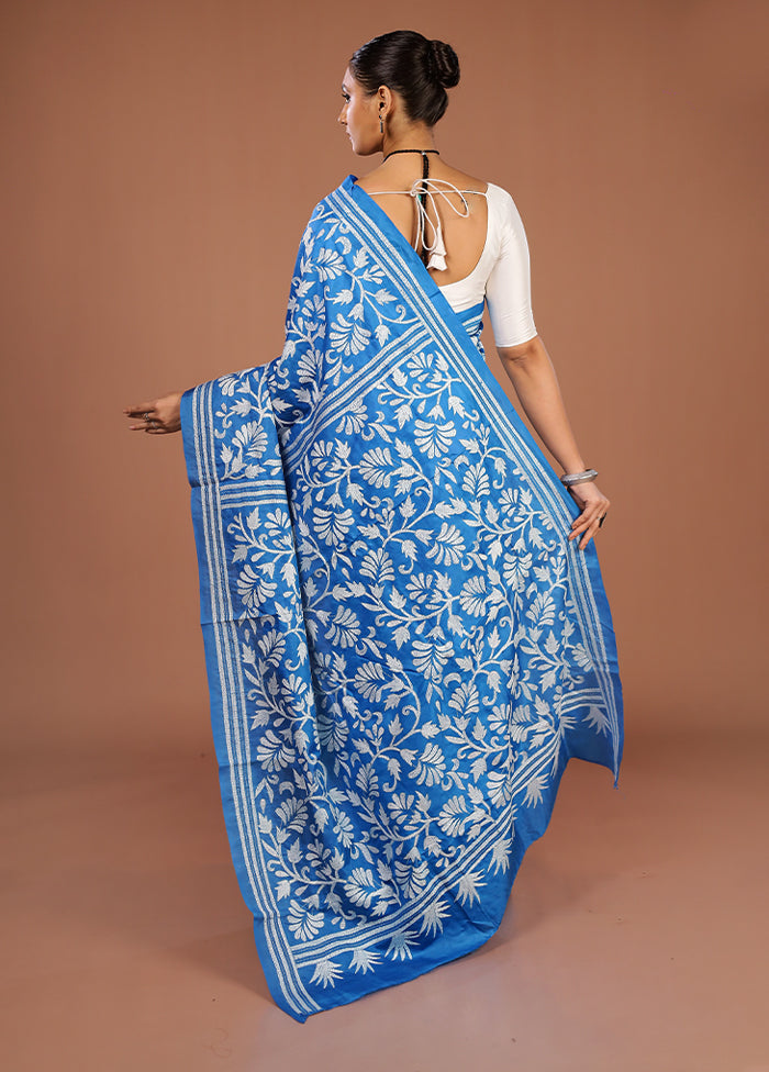 Blue Handloom Kantha Stitch Pure Silk Saree With Blouse Piece