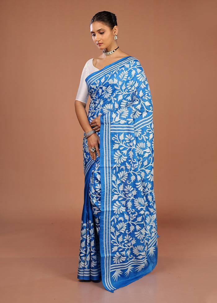 Blue Handloom Kantha Stitch Pure Silk Saree With Blouse Piece
