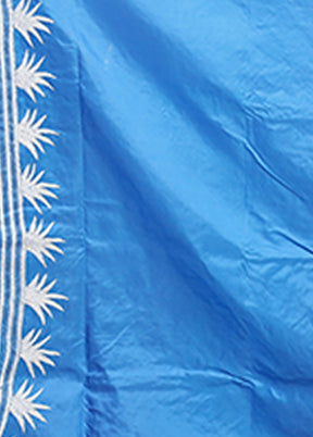 Blue Handloom Kantha Stitch Pure Silk Saree With Blouse Piece