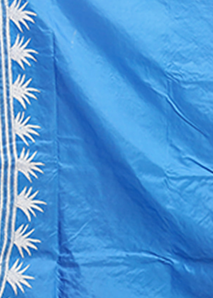 Blue Handloom Kantha Stitch Pure Silk Saree With Blouse Piece