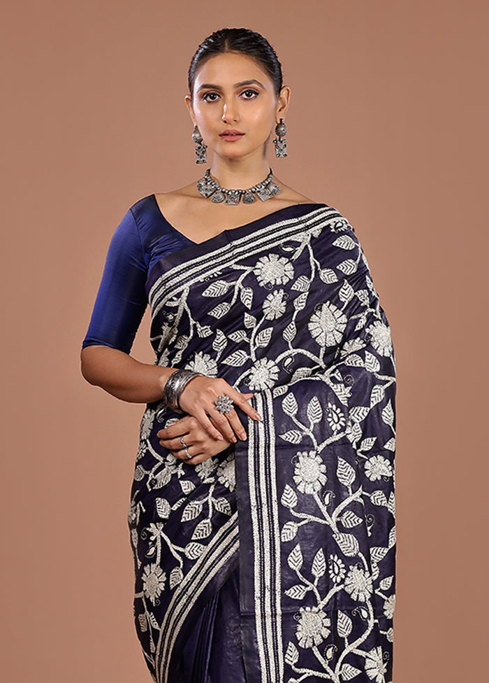 Blue Handloom Kantha Stitch Pure Silk Saree With Blouse Piece