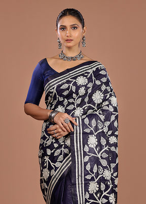 Blue Handloom Kantha Stitch Pure Silk Saree With Blouse Piece