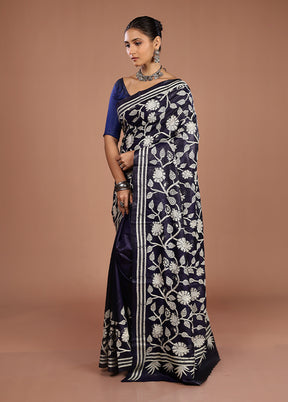 Blue Handloom Kantha Stitch Pure Silk Saree With Blouse Piece