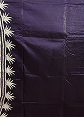 Blue Handloom Kantha Stitch Pure Silk Saree With Blouse Piece