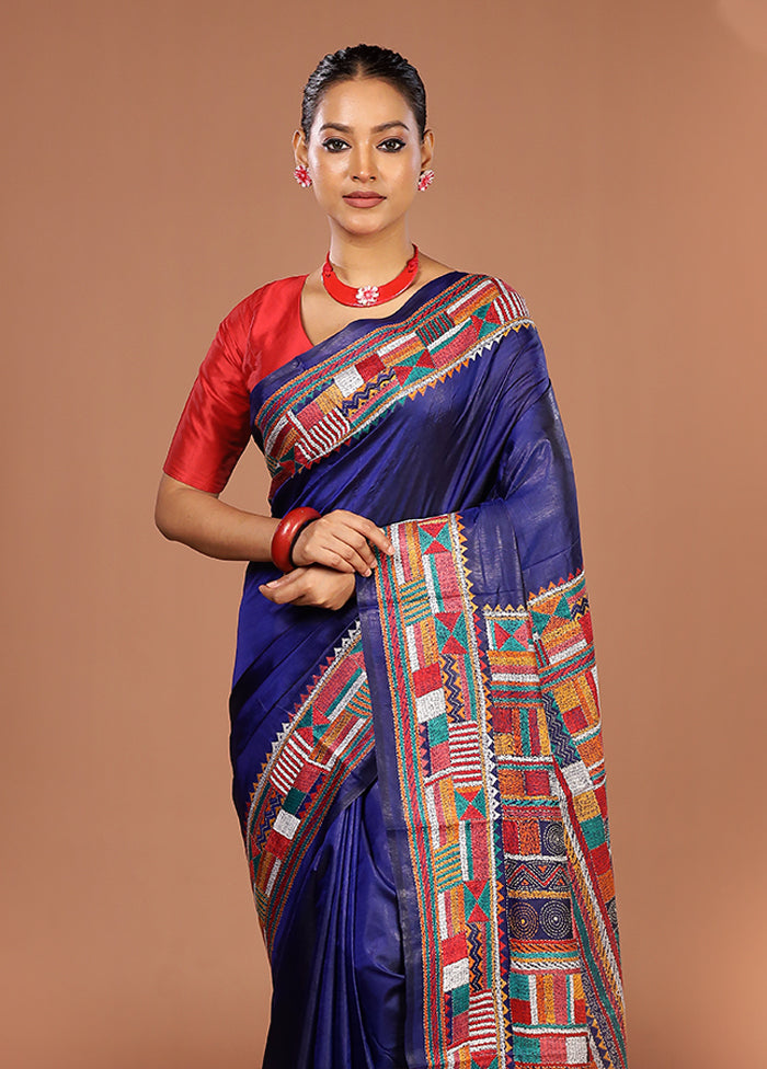 Blue Handloom Kantha Stitch Pure Silk Saree With Blouse Piece