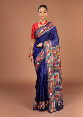 Blue Handloom Kantha Stitch Pure Silk Saree With Blouse Piece